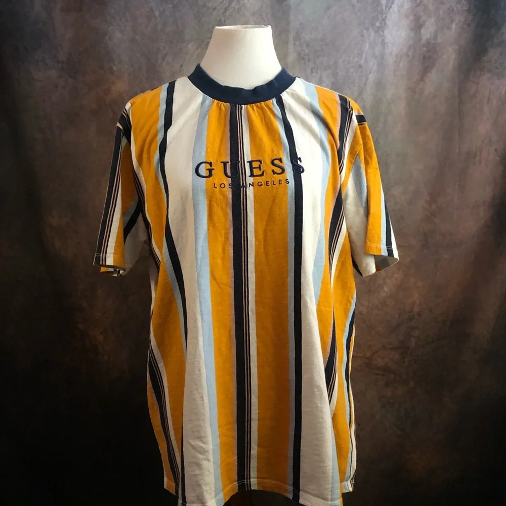 GUESS Men's Yellow, White & Navy Vertical Stripe Tee - Picture 2 of 8
